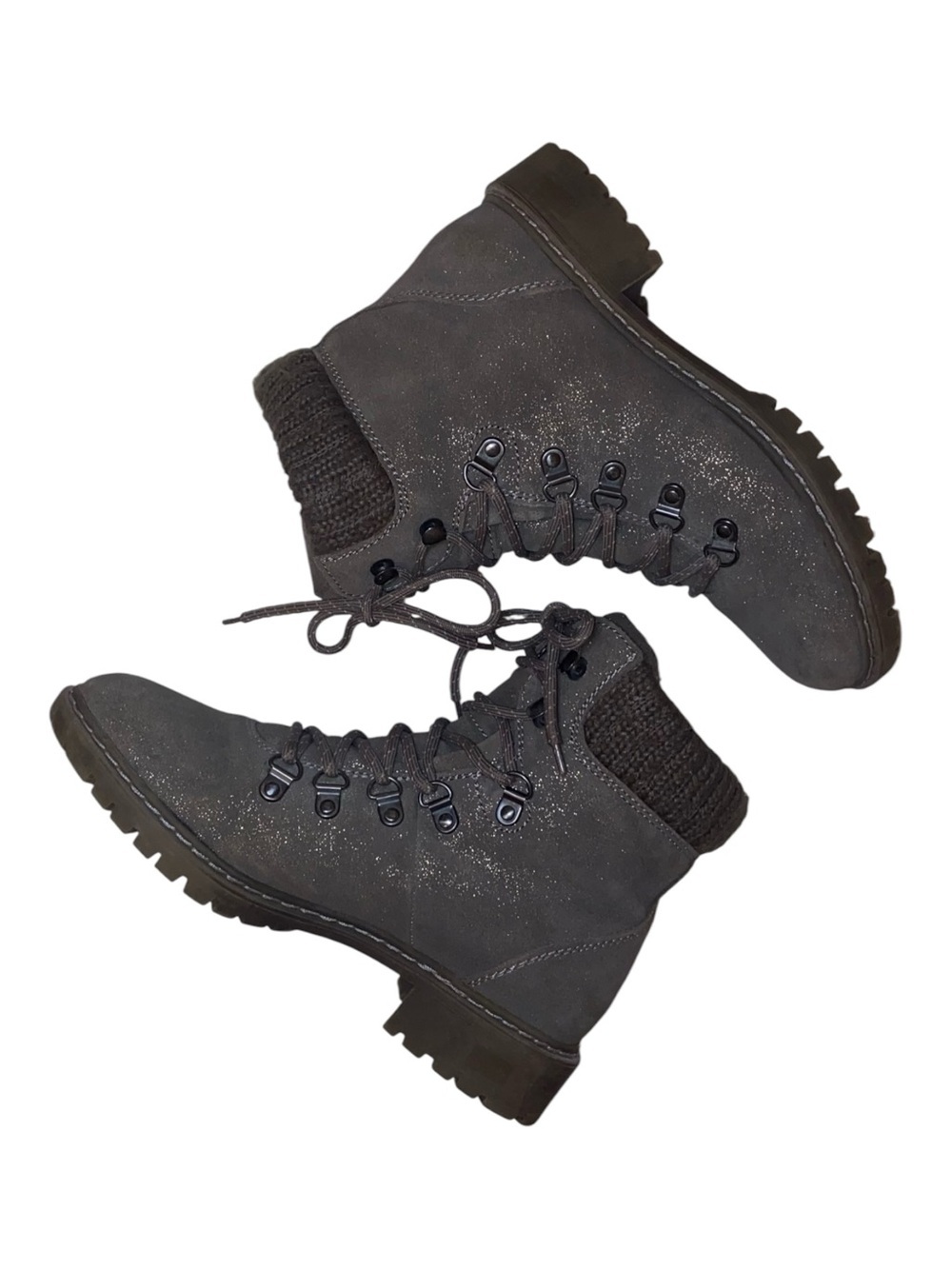 BASS BOOTS Andrea Gray Metallic Gold Hikers Sweater Collar Cuff Size 7-1/2